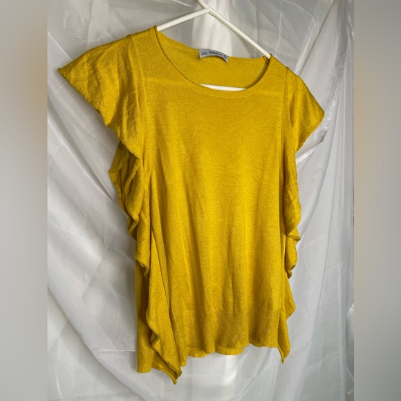 ZARA | Yellow Ruffle Short Sleeve Knit Top | Size Small - Picture 4 of 6